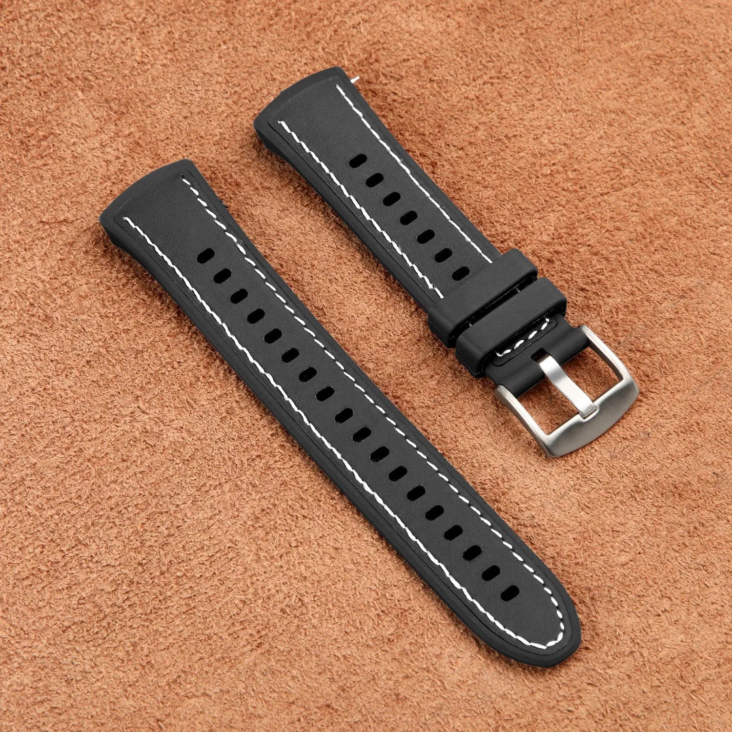 Silicone Leather Hybrid Strap 'Perfect Fit', black, laid flat, separate parts, direct top view