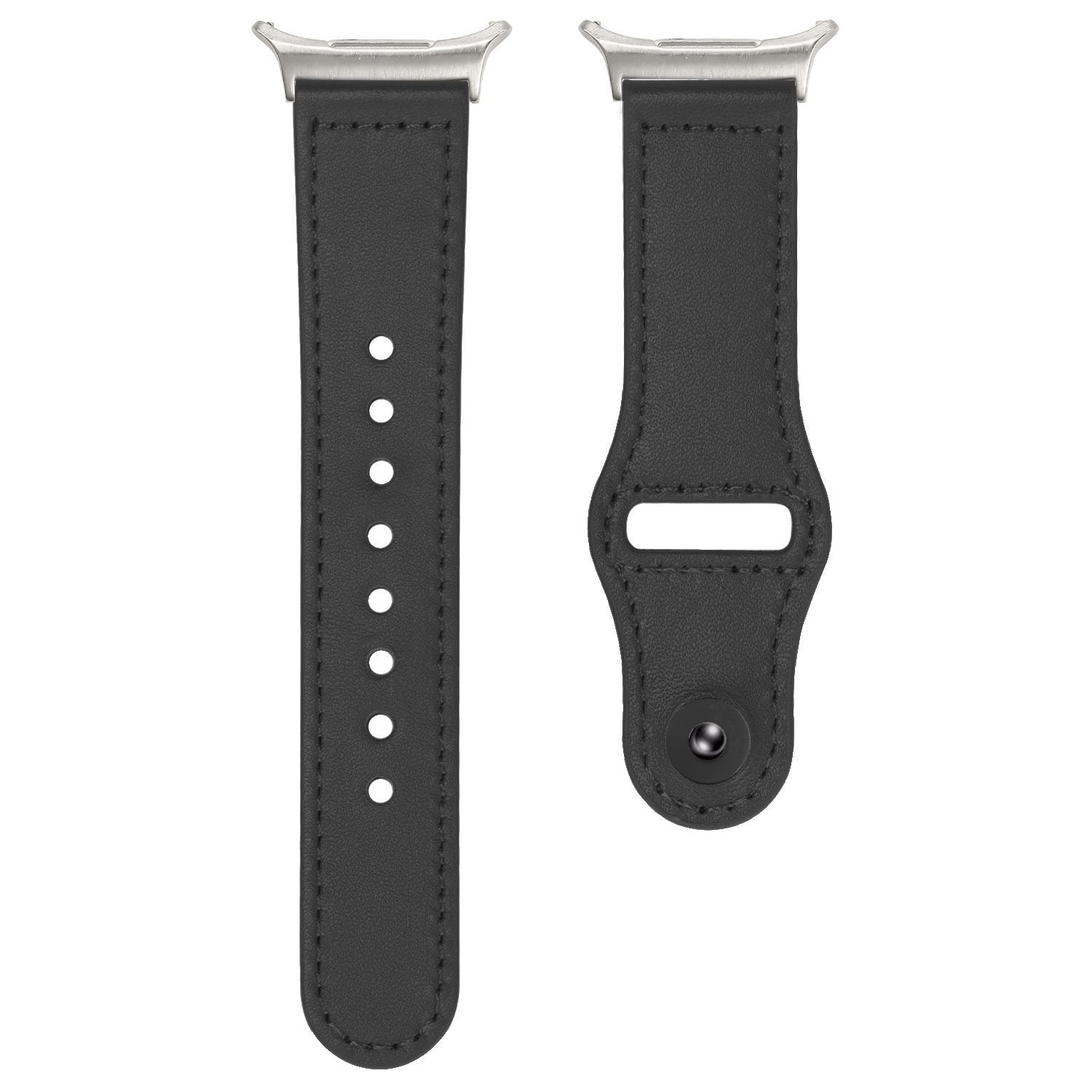 Leather Strap with Snap Closure, black, laid flat, separate parts, direct top view