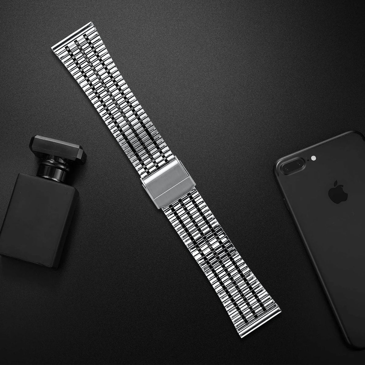 Fine Steel Strap, silver/black, laid flat, separate parts, direct top view