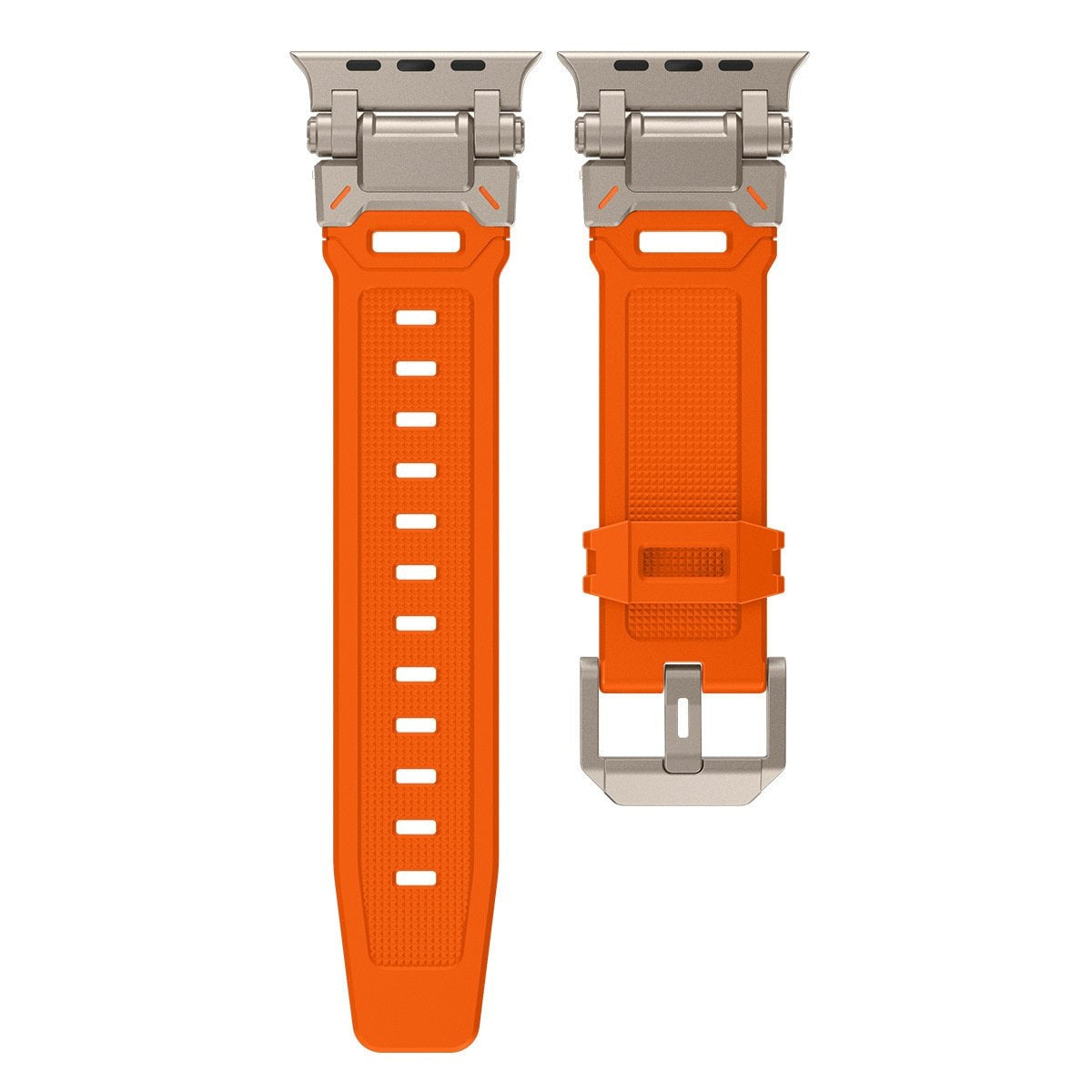 Silicone Strap 'Explorer', orange/titanium, laid flat, separate parts, direct top view