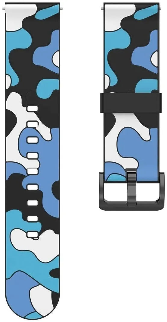 Silicone Camo Strap, blue, laid flat, separate parts, direct top view