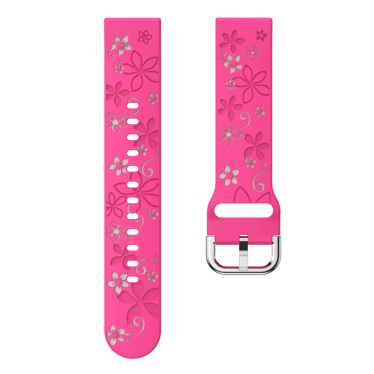 Flower Silicone Strap, bright pink/starlight, laid flat, separate parts, direct top view