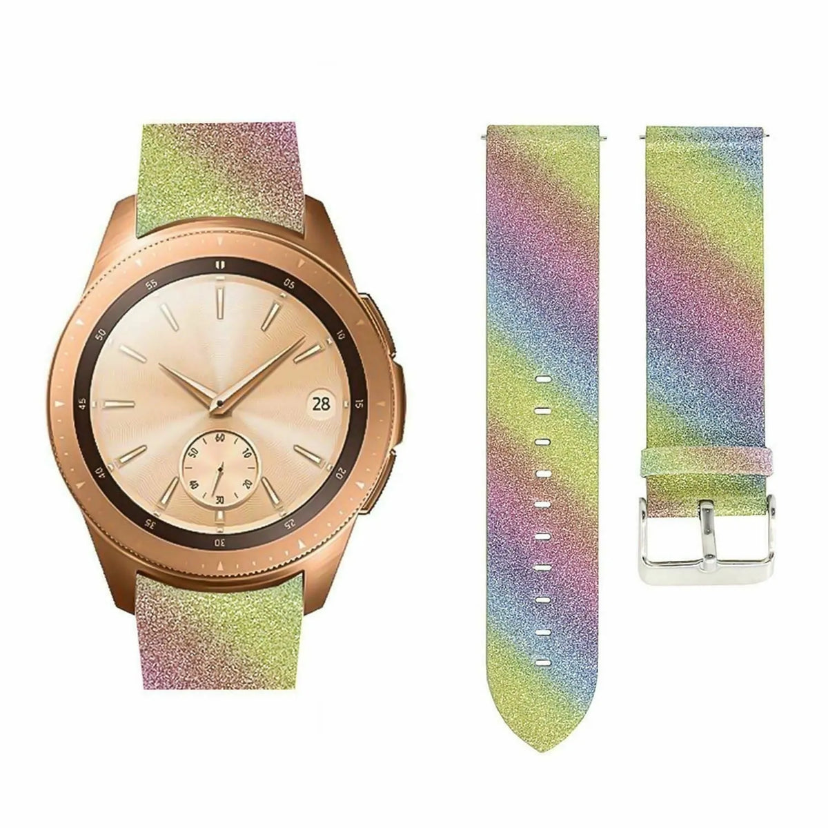 Leather Strap with Glitters, rainbow, laid flat, separate parts, direct top view