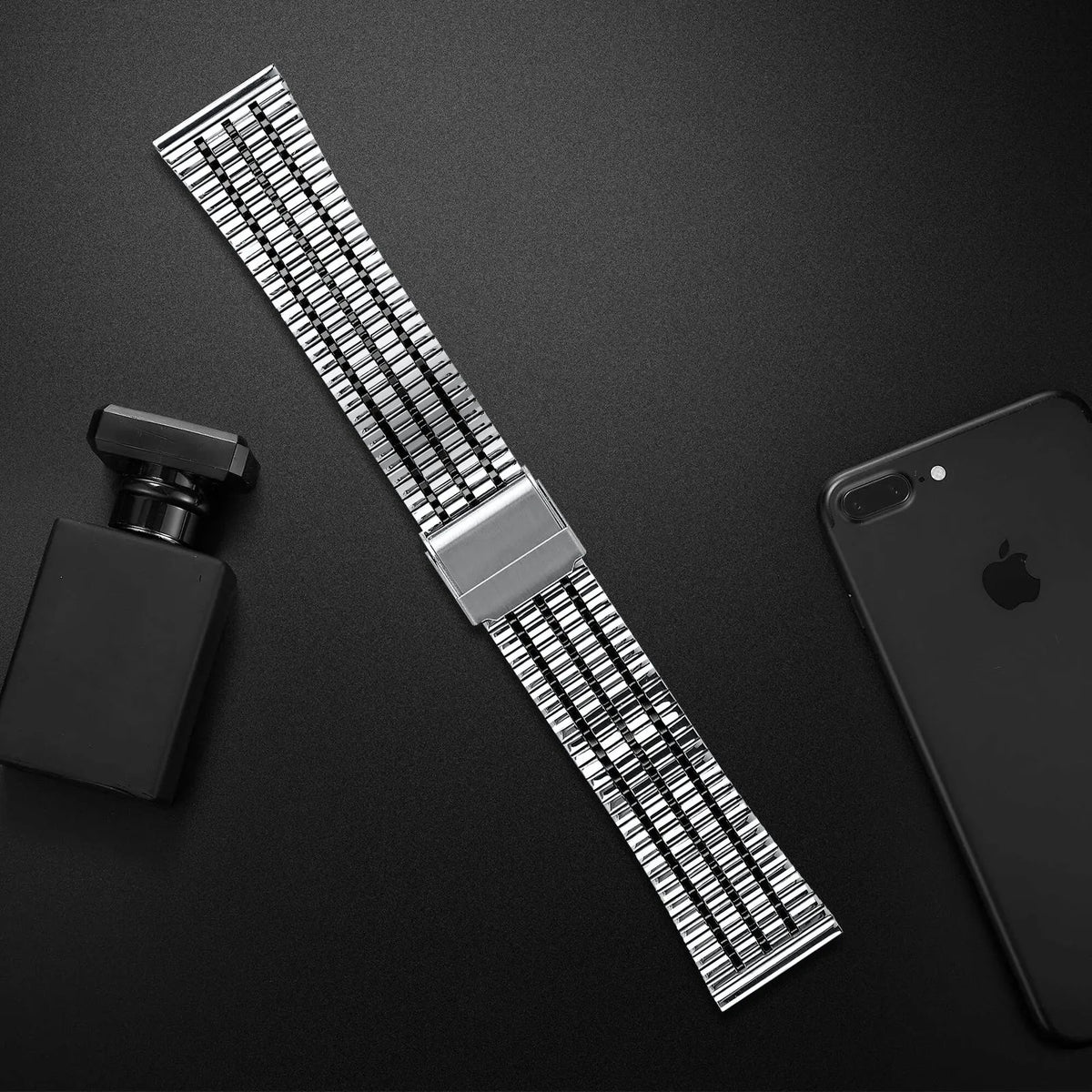 Fine Steel Strap, silver/black, laid flat, separate parts, direct top view