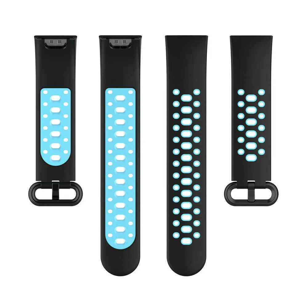 Silicone Sport Strap, black/blue, laid flat, separate parts, direct top view