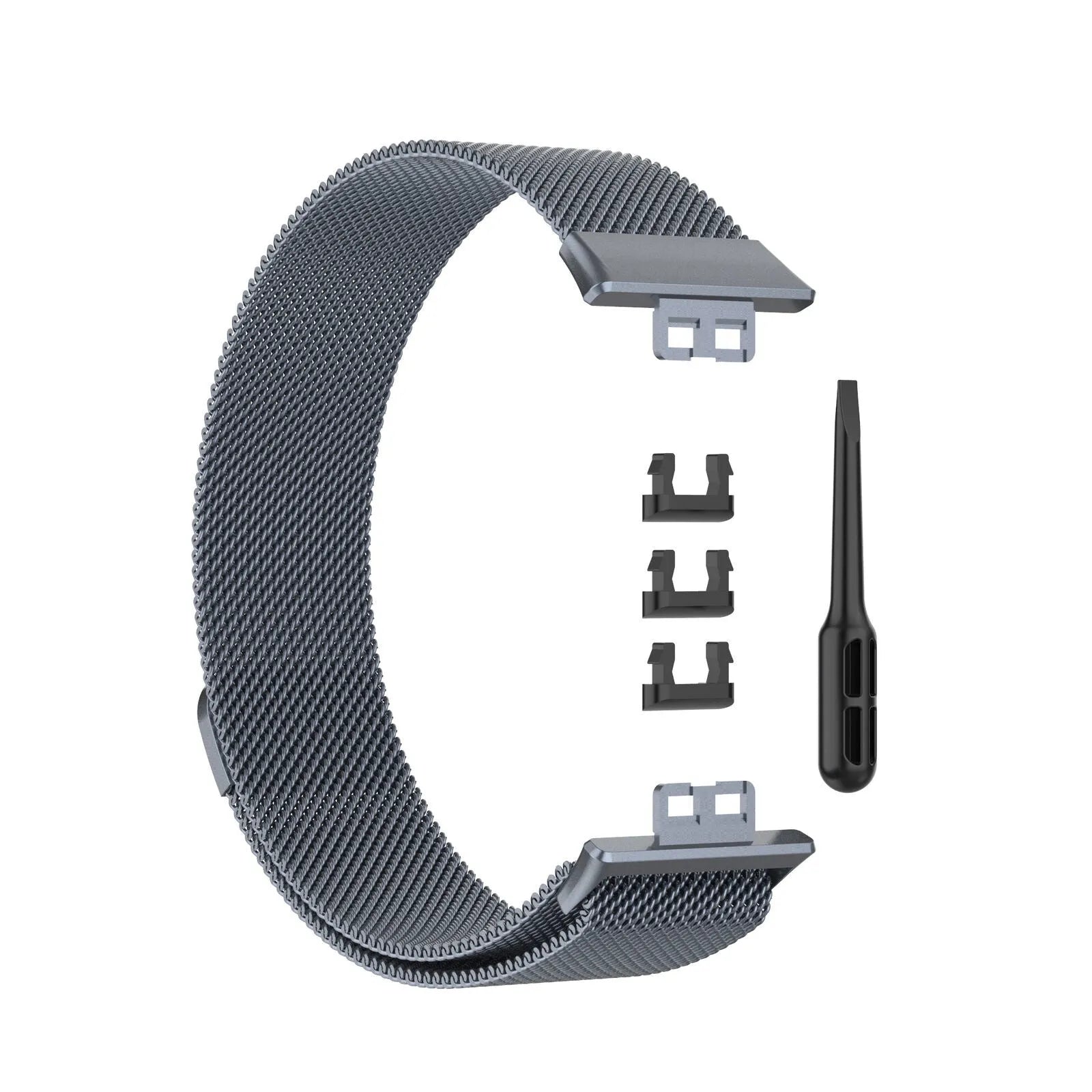 Milanese Strap, grey, laid flat, separate parts, direct top view