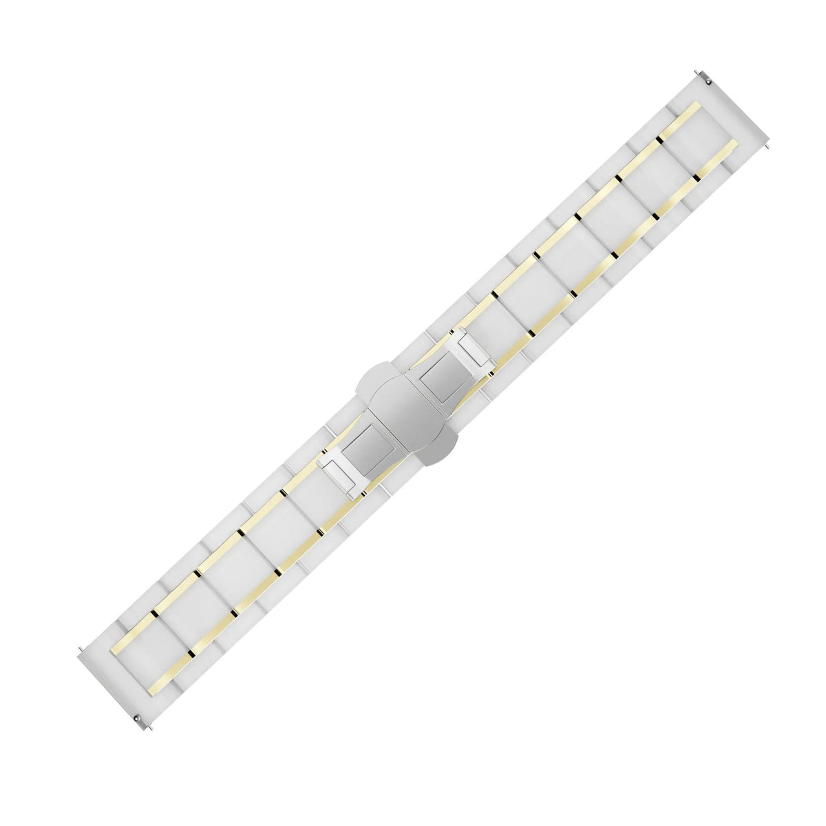 Metal Ceramic Link Strap, white/gold, laid flat, joined, direct top view
