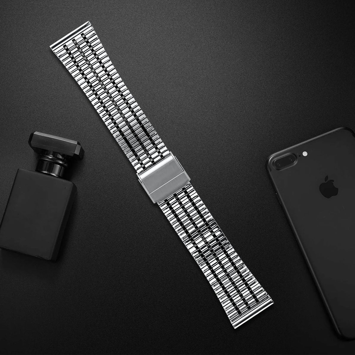 Fine Steel Strap, silver/black, laid flat, joined, direct top view