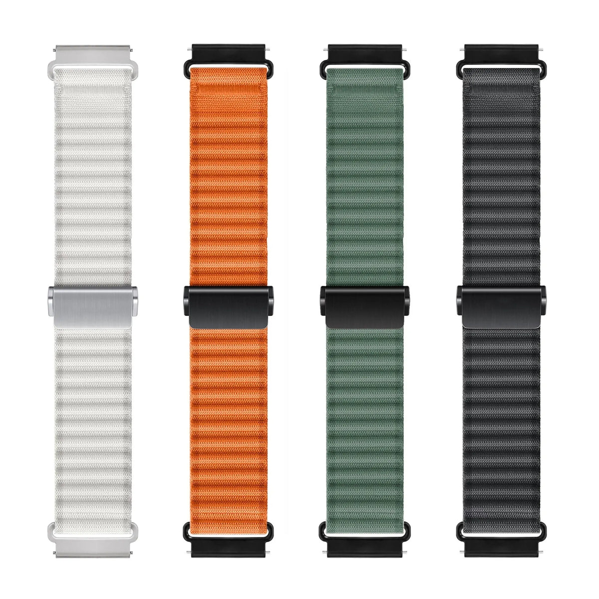 Outdoor Nylon Strap, laid flat, separate parts, top and underside view