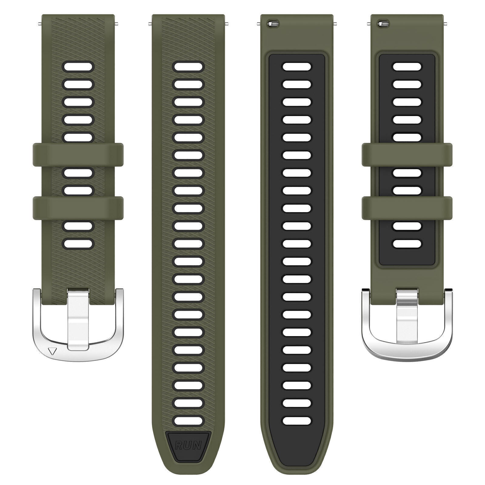 Silicone Buckled Sport Strap, laid flat, separate parts, top and underside view