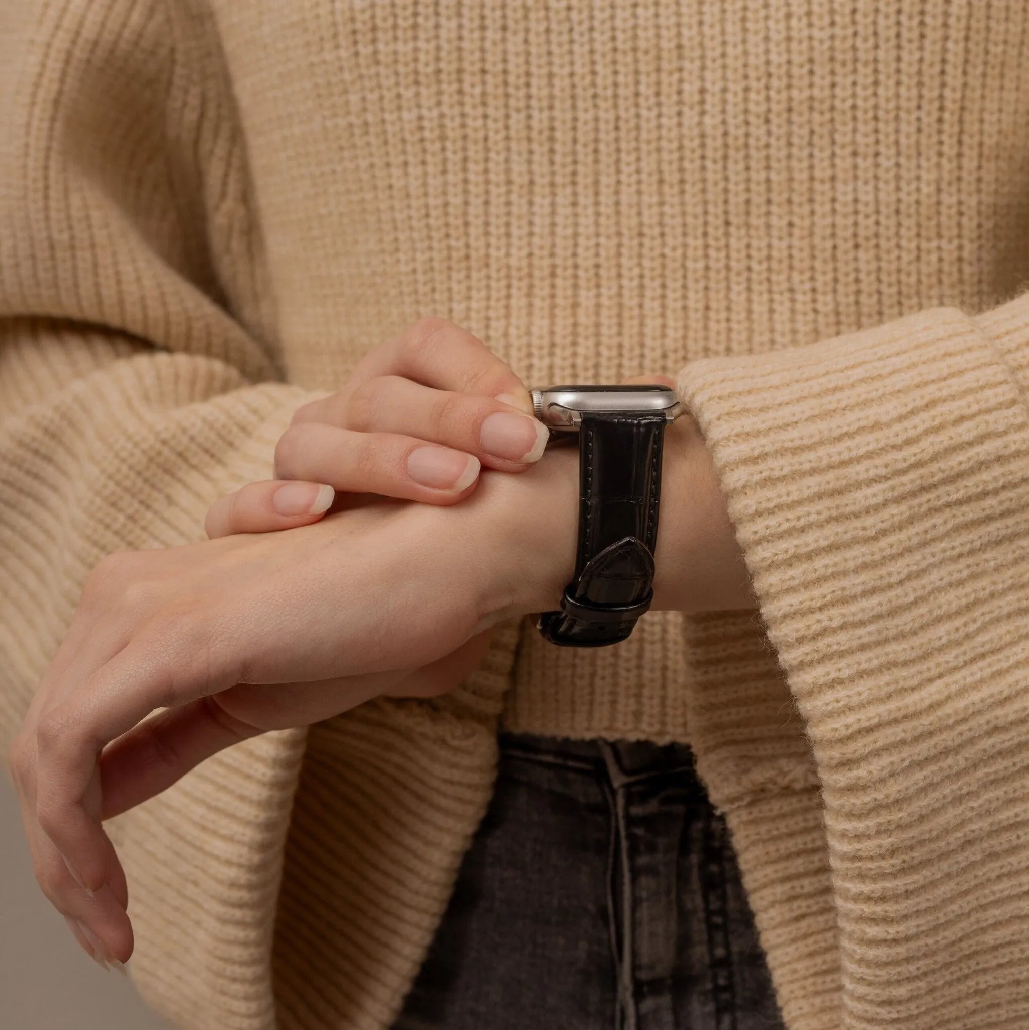 Bracelet cuir motif crocodile Apple Watch (noir)