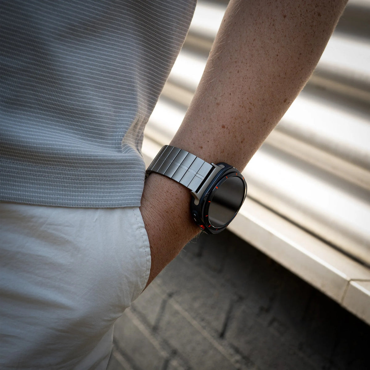 Premium Metal Strap, titanium, lifestyle photo