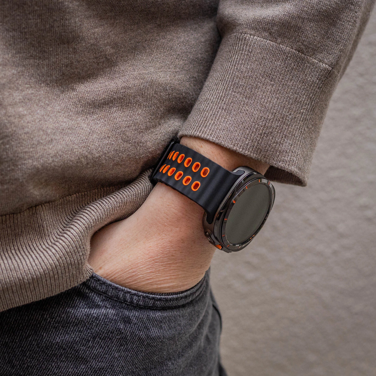 Wave Silicone Strap Duo, black/orange, lifestyle photo