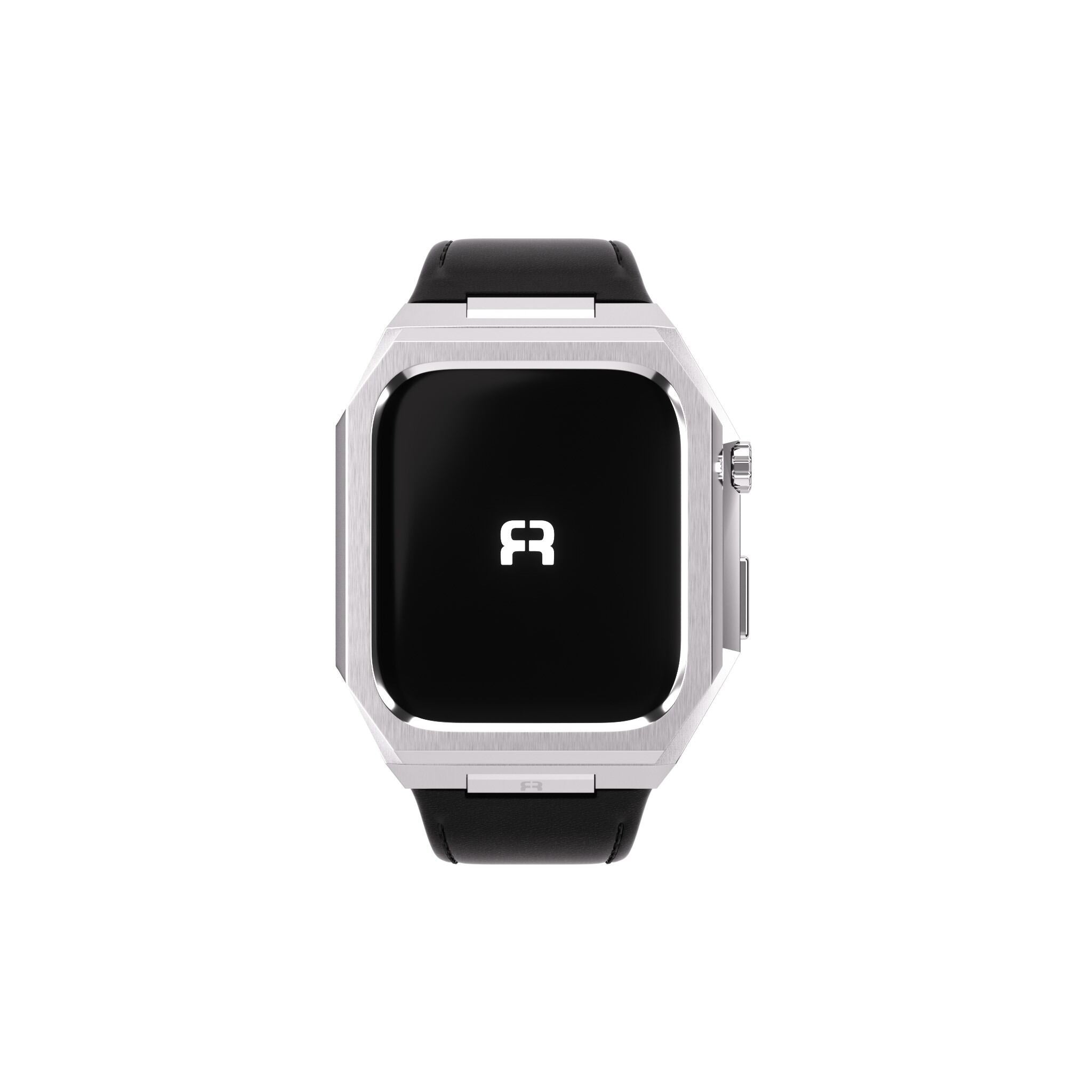 Reqior Boîtier en metal avec bracelet en cuir Apple Watch 45mm (argent/noir)
