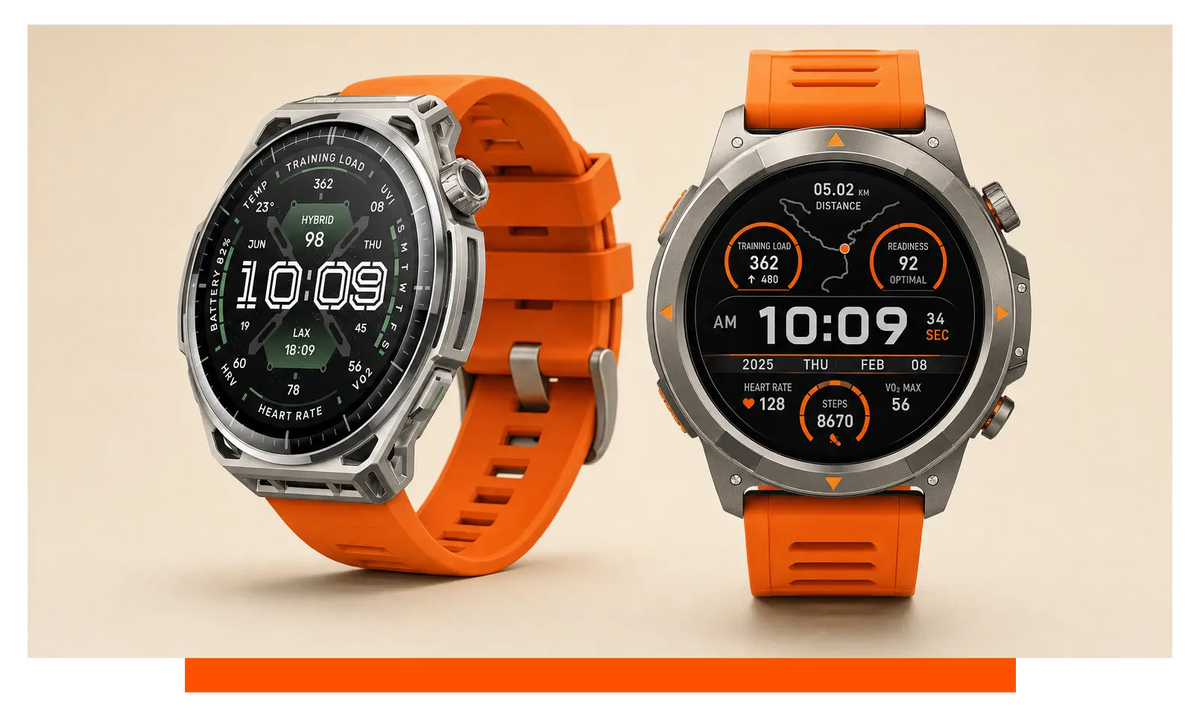 Two smartwatches shown side by side, floating in the studio - Amazfit Balance 3 and Amazfit Balance Ultra