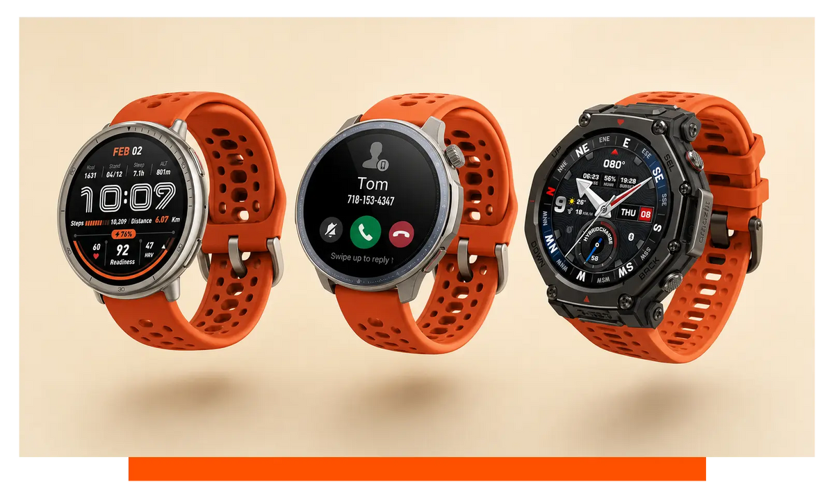 Three smartwatches shown side by side, floating in the studio - Amazfit Active 2 and Amazfit Balance 2 and Amazfit T Rex 3 Pro