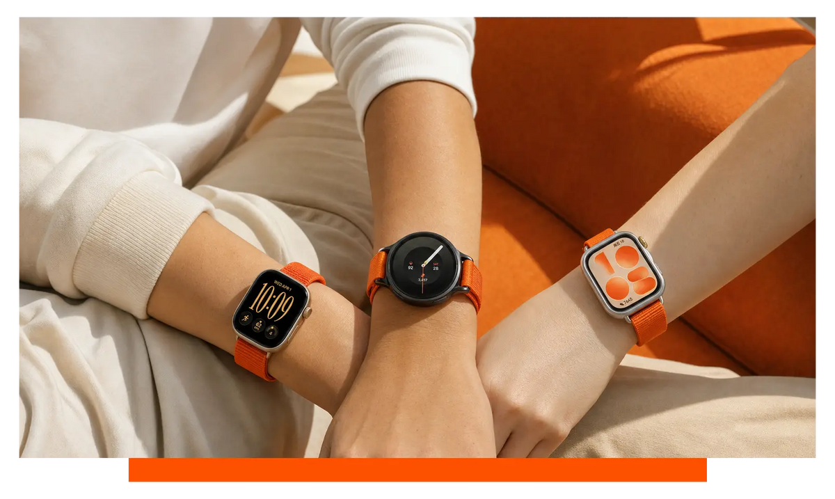 Three smartwatches worn on separate wrists, worn, at home - Apple Watch Series 12 and Samsung Galaxy Watch 9 and Huawei Watch Fit 5