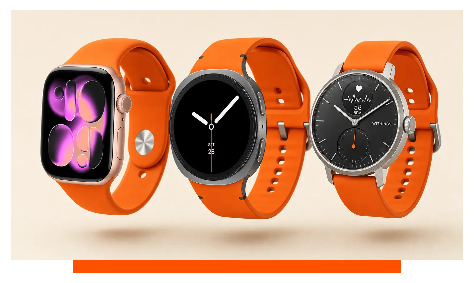 Three smartwatches shown side by side, floating in the studio - Apple Watch 11 and Samsung Galaxy Watch 8 and Withings Scanwatch 2