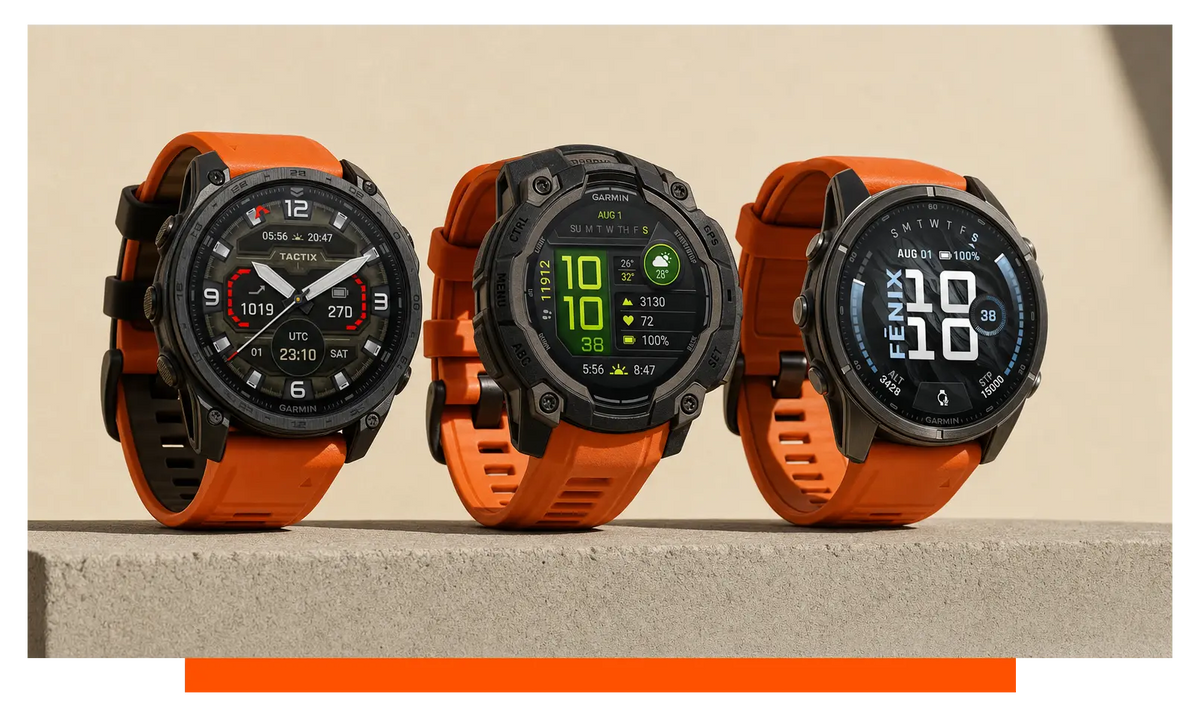 Three smartwatches shown side by side, on a concrete ledge - Garmin Tactix 8 and Garmin Instinct 3 and Garmin Fenix 9