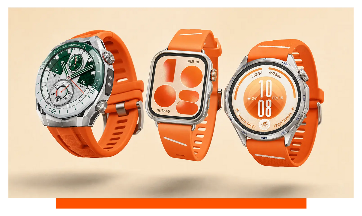 Three smartwatches shown side by side, floating in the studio - Huawei Watch Ultimate 2 and Huawei Watch Fit 5 and Huawei Watch GT 7