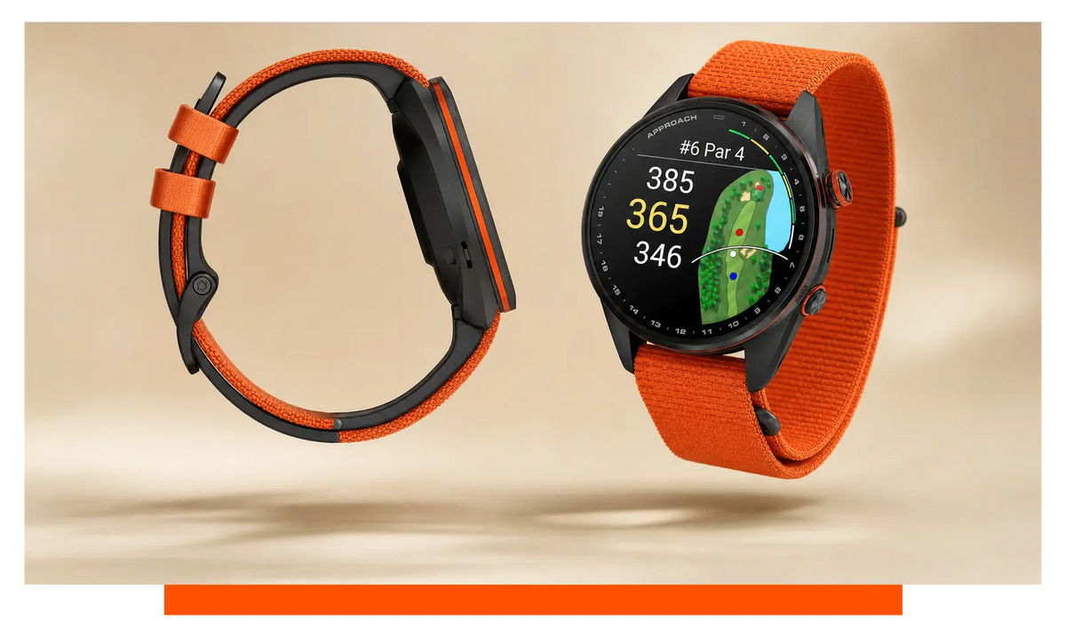 Two smartwatches shown side by side, floating in the studio - Garmin Approach S70 and Garmin Approach S72