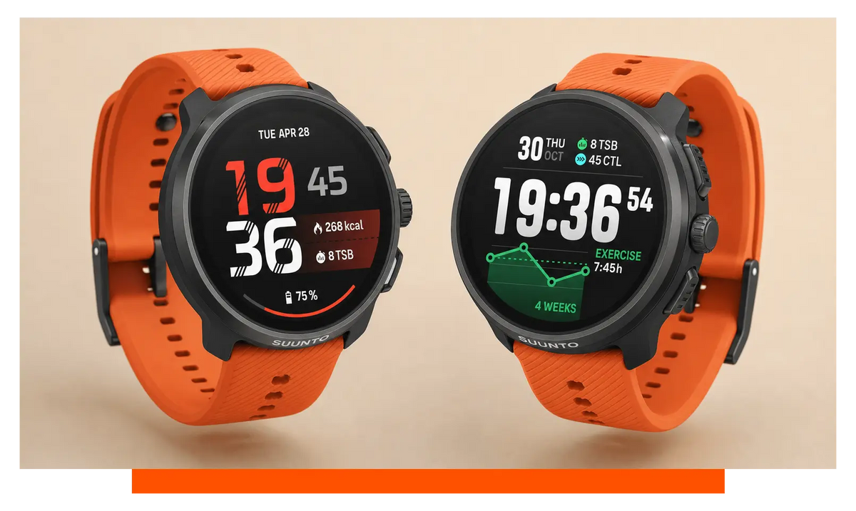 Two smartwatches shown side by side, floating in the studio - Suunto Run 2 and Suunto Race 2