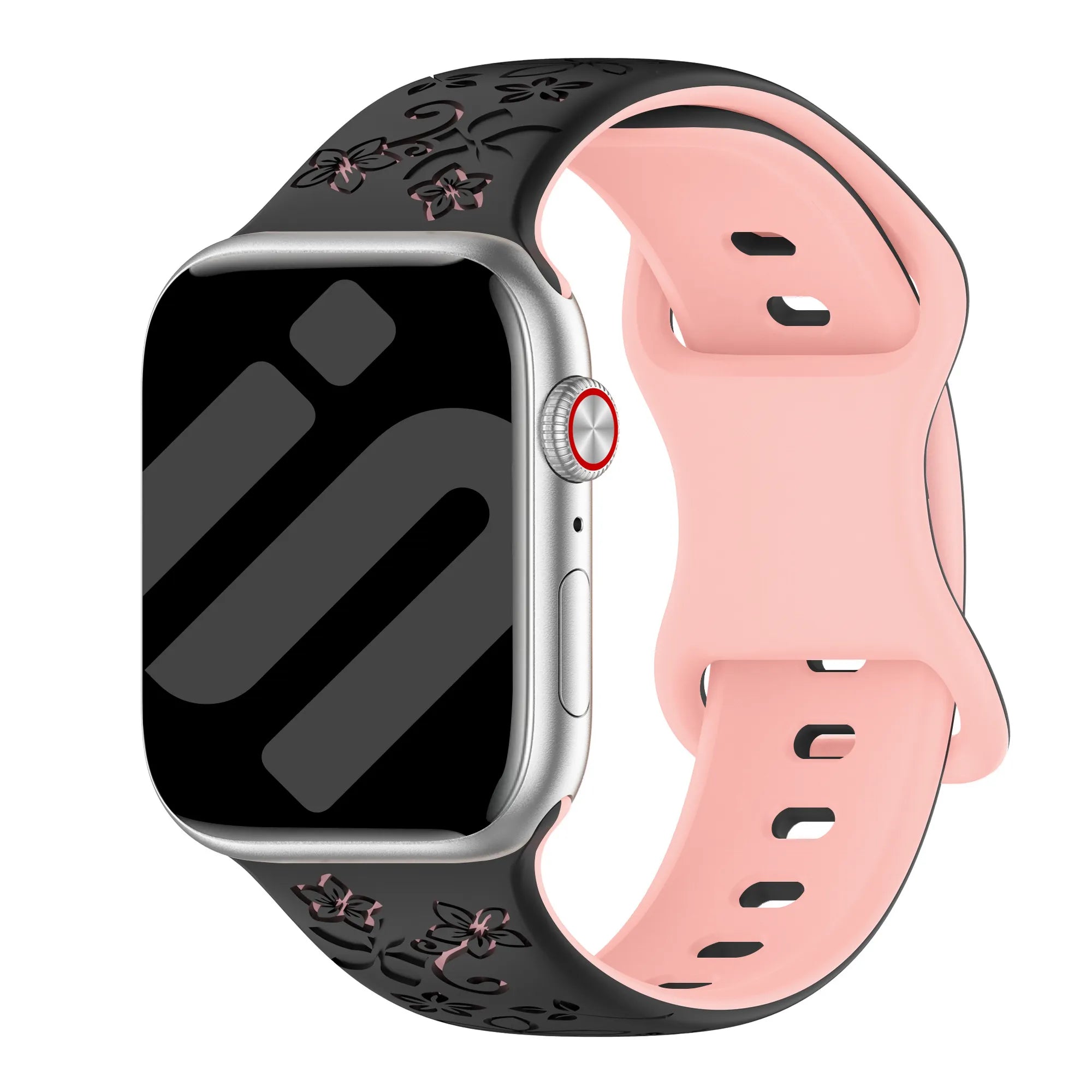 Bracelet silicone à fleurs Apple Watch (noir/rose)