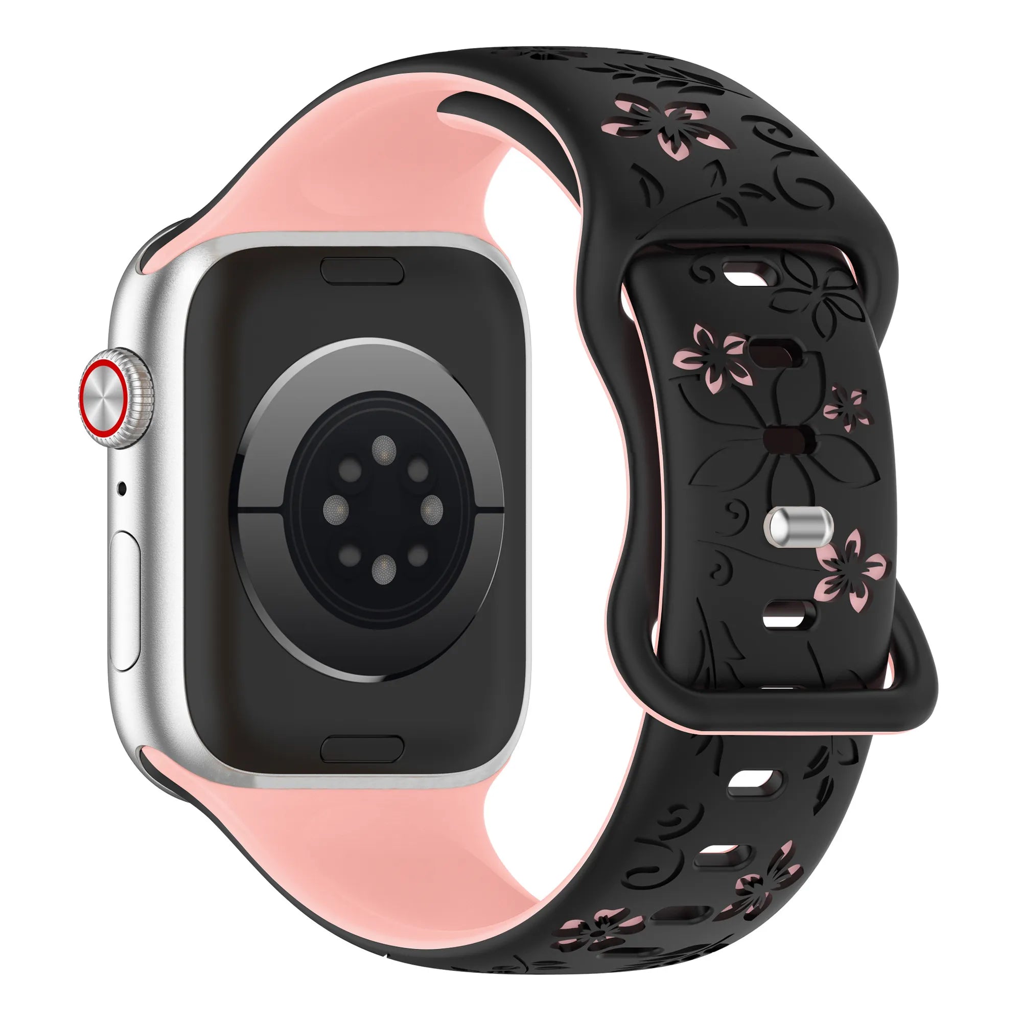 Bracelet silicone à fleurs Apple Watch (noir/rose)