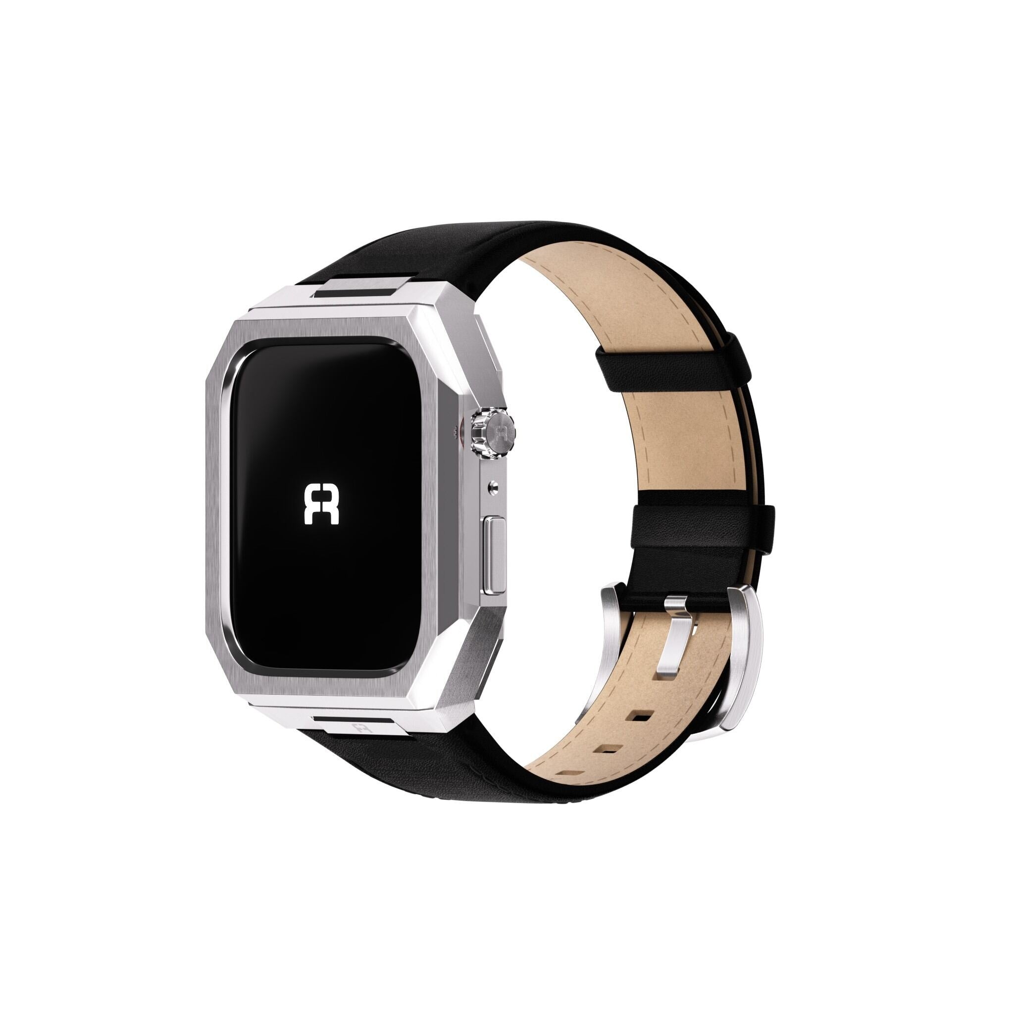 Reqior Boîtier en metal avec bracelet en cuir Apple Watch 45mm (argent/noir)