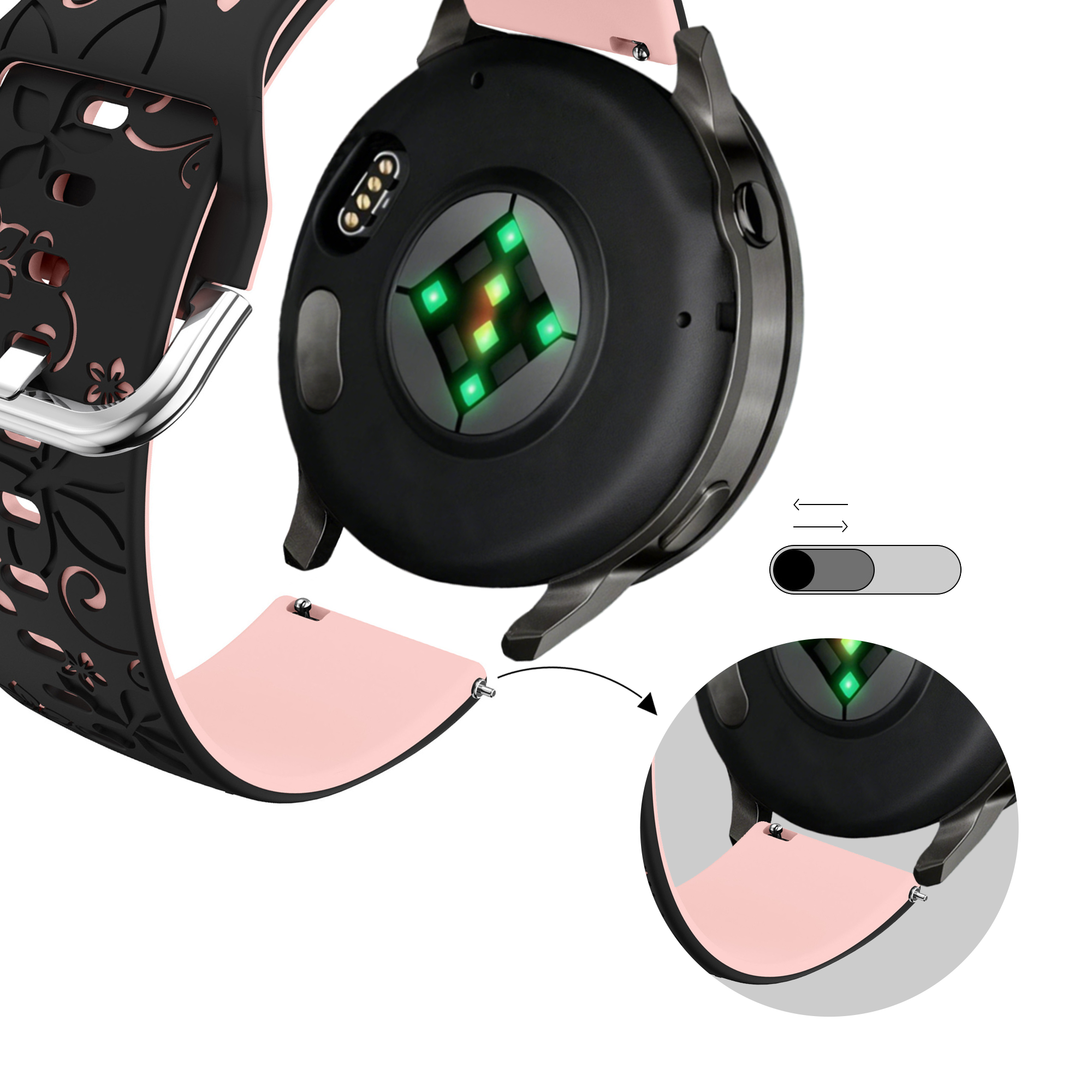 Bandz Garmin Approach S42 Silicone Strap 'Flowers' (Black/Light Pink)