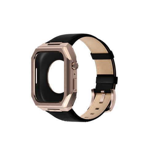 Reqior Boîtier en metal avec bracelet en cuir Apple Watch 45mm (rose or/noir)
