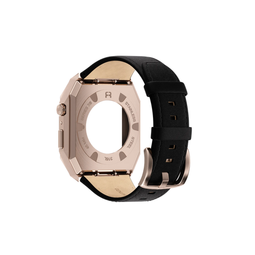 Reqior Boîtier en metal avec bracelet en cuir Apple Watch 45mm (rose or/noir)