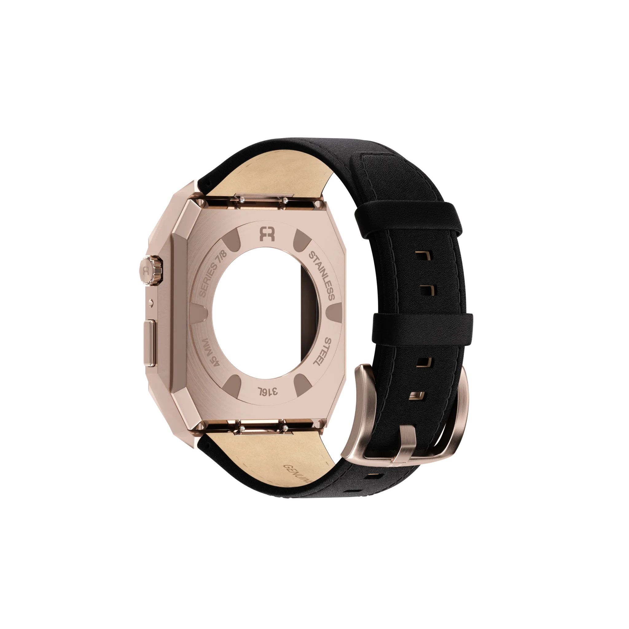 Reqior Boîtier en metal avec bracelet en cuir Apple Watch 45mm (rose or/noir)