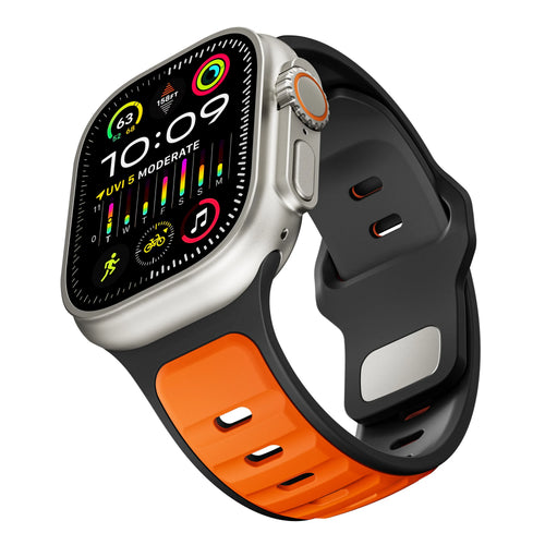 Silicone Premium Outdoor Strap, orange/black, on a watch, 3/4 front view