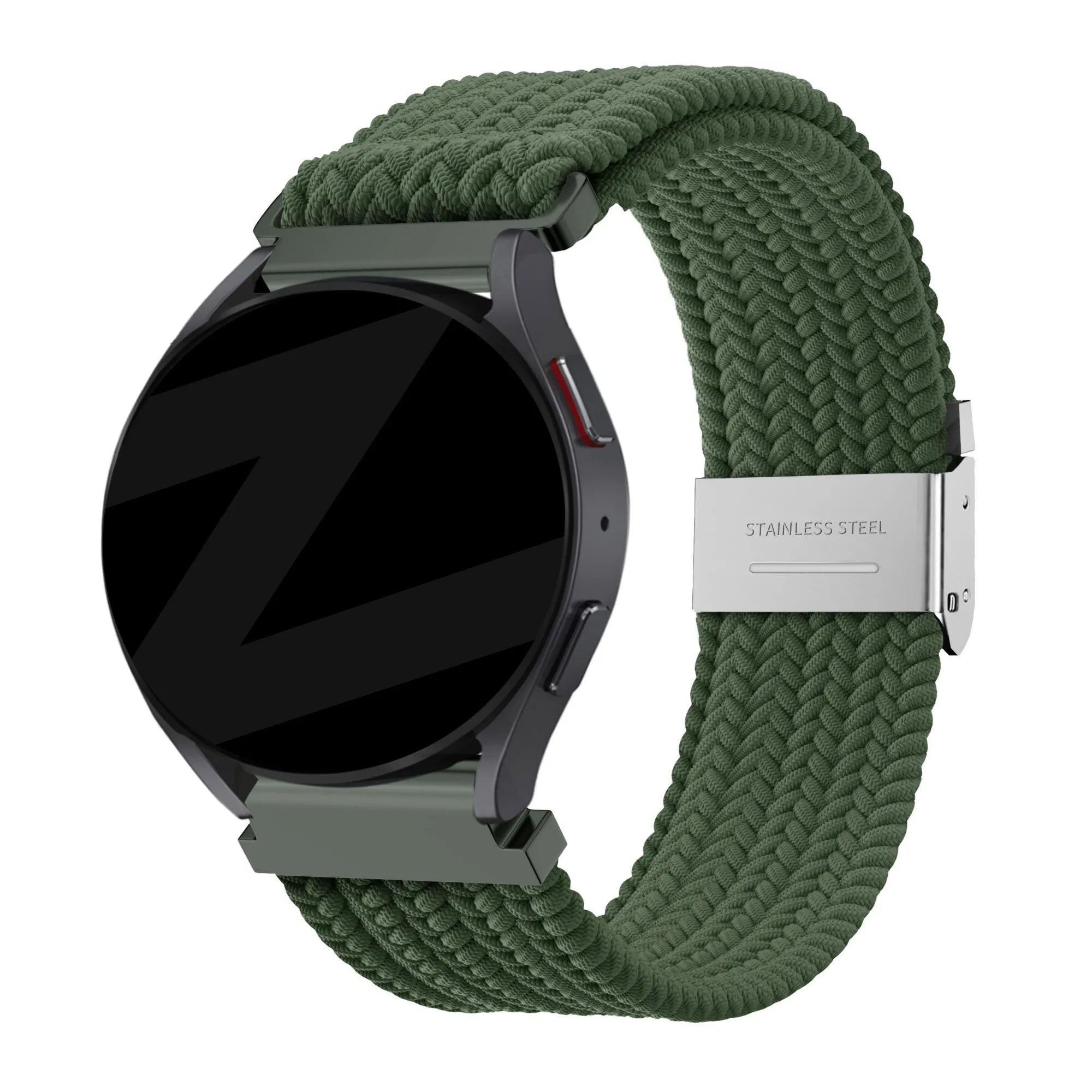 Woven Nylon Strap, olive green, on a watch, 3/4 front view