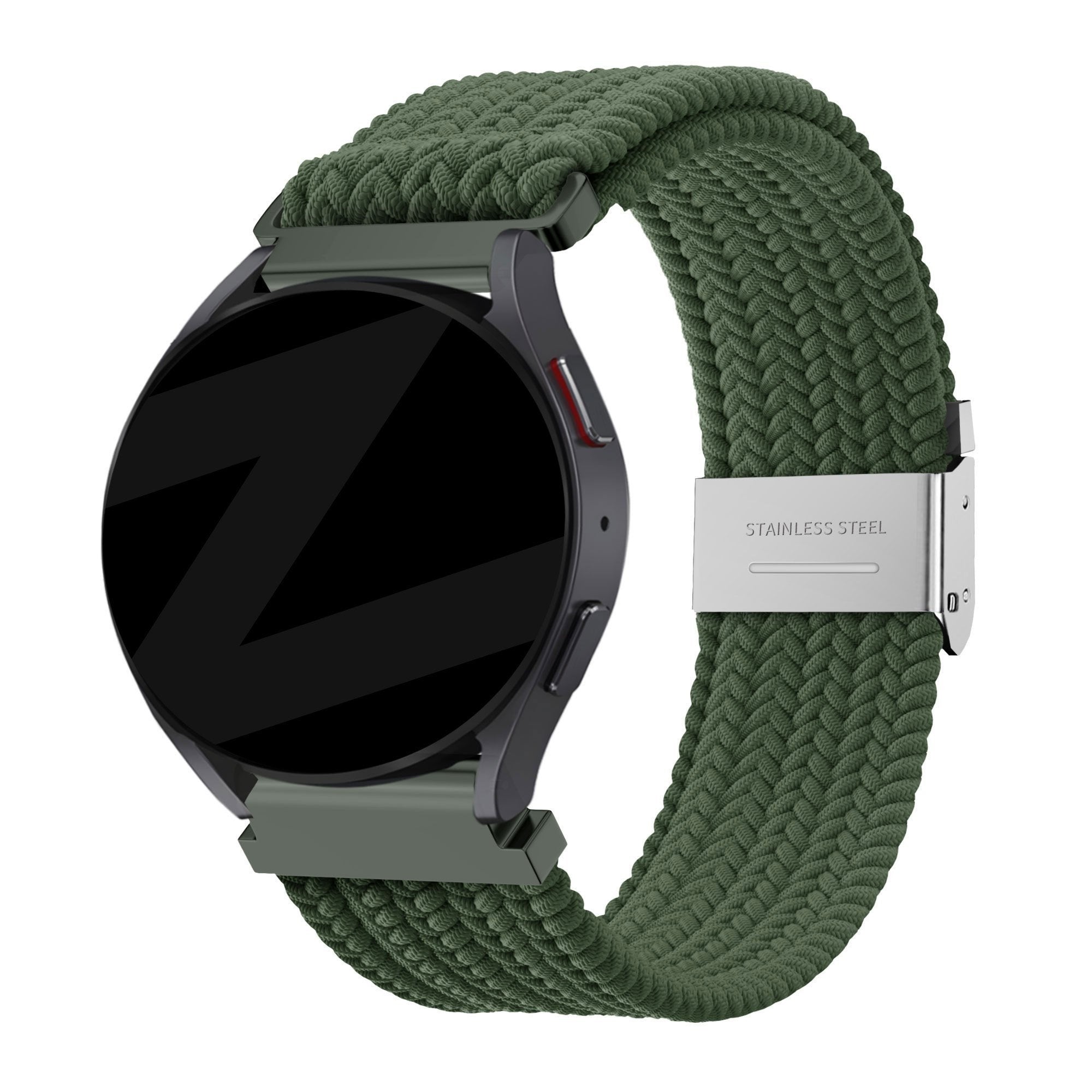 Woven Nylon Strap, olive green, on a watch, 3/4 front view