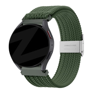 Woven Nylon Strap, olive green, on a watch, 3/4 front view