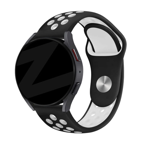 Silicone Sport Strap 'Deluxe', black/white, on a watch, 3/4 front view