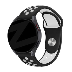 Silicone Sport Strap 'Deluxe', black/white, on a watch, 3/4 front view