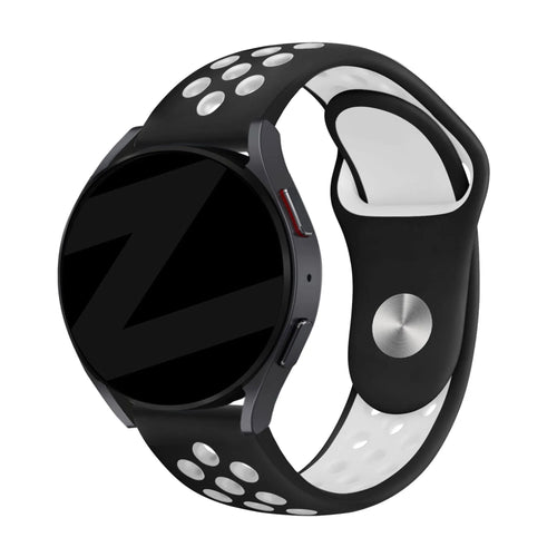 Silicone Sport Strap 'Deluxe', black/white, on a watch, 3/4 front view