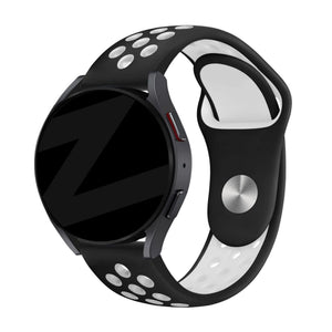 Silicone Sport Strap 'Deluxe', black/white, on a watch, 3/4 front view