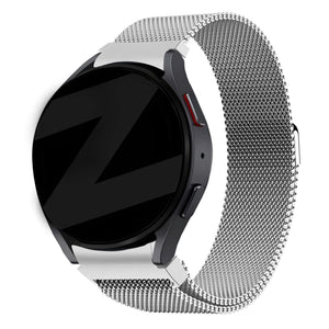 Milanese Loop Strap, silver, on a watch, 3/4 front view