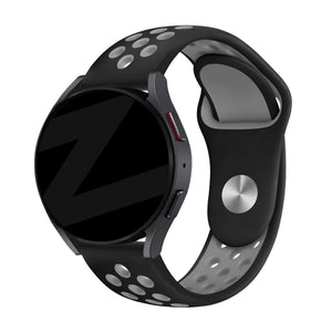 Silicone Sport Strap 'Deluxe', black/grey, on a watch, 3/4 front view