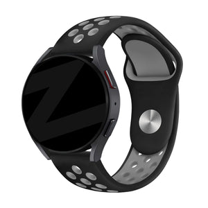 Silicone Sport Strap 'Deluxe', black/grey, on a watch, 3/4 front view