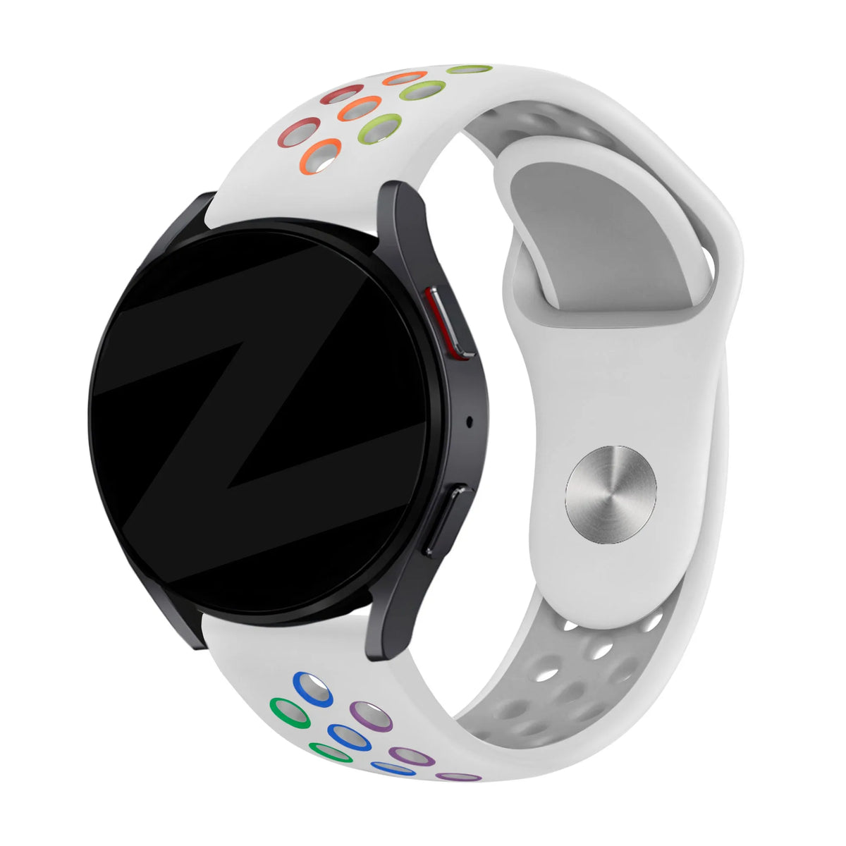 Silicone Sport Strap 'Deluxe', white/colourful, on a watch, 3/4 front view