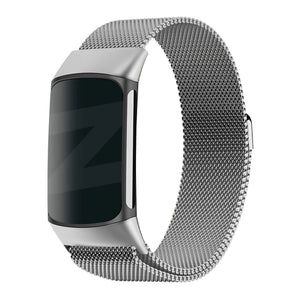 Milanese Loop Strap, silver, on a watch, 3/4 front view
