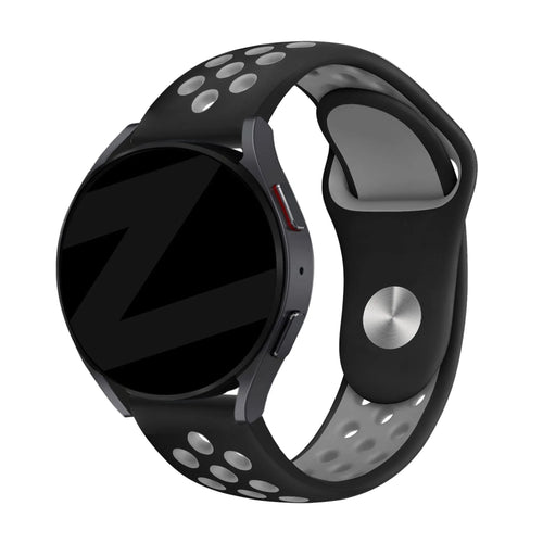 Silicone Sport Strap 'Deluxe', black/grey, on a watch, 3/4 front view