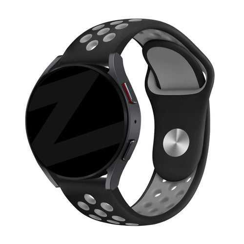 Silicone Sport Strap 'Deluxe', black/grey, on a watch, 3/4 front view