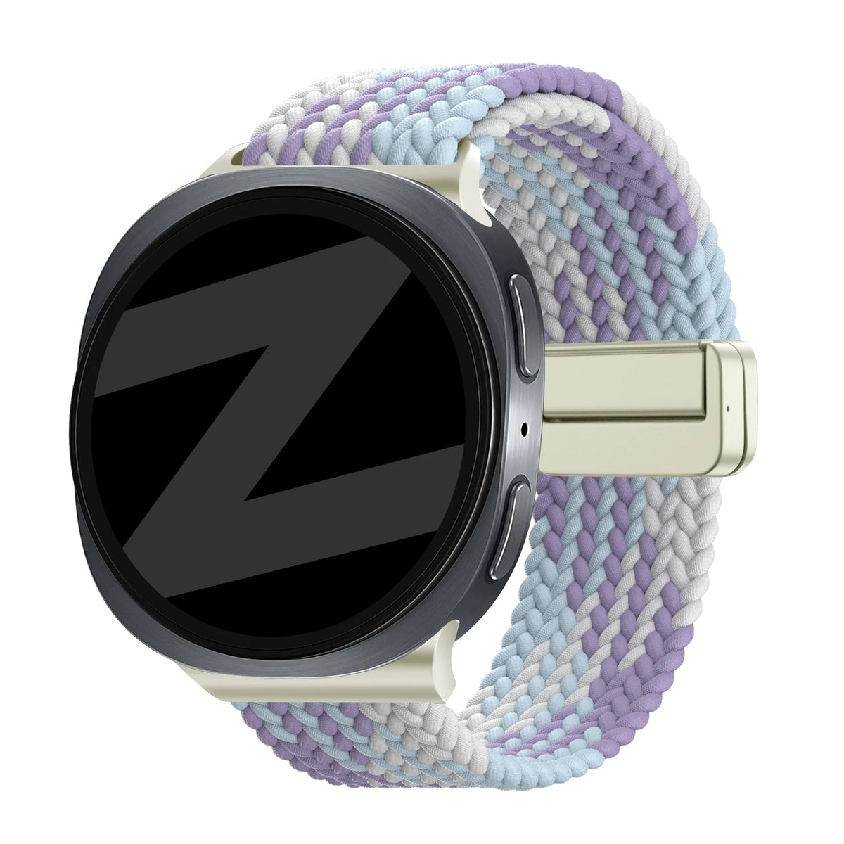 Nylon Braided Strap 'Easy Fit', purple mix, on a watch, 3/4 front view