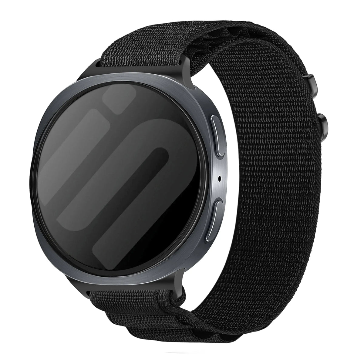 Alpine Nylon Strap, black/orange, on a watch, 3/4 front view